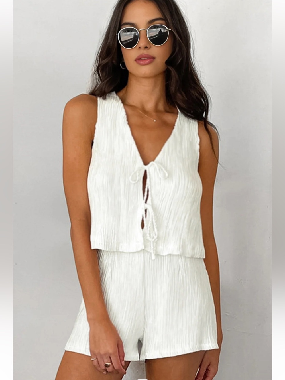 White Textured Tie-Front Top With Shorts Set